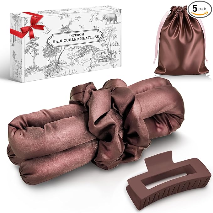 EnteromMuse Heatless Curls Overnight Satin Curling Set No Heat Hair Curler for Long & Short Hair, Heatless Curling Rod&Rollers for Soft Bouncy Curls Complete Kit with Storage Bag(Brown, Original)