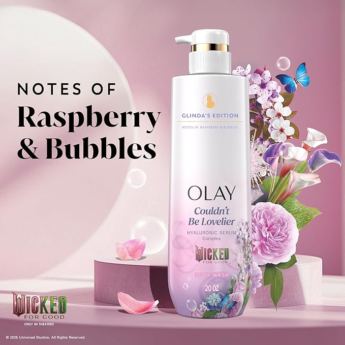 Olay Body Wash for Women, Couldn't Be Lovelier Glinda's Edition, Intensely Hydrating & Renewing, Pro-Hyaluronic Acid Serum & Vitamin B3, All Skin Types, Raspberry & Bubbles Scent, 20 fl oz (Pack of 2)