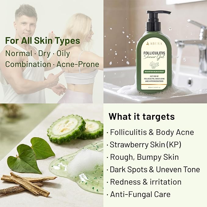 ABERA High-Performance Folliculitis Treatment Body Wash, BHA Shower Gel with Wild Bitter Melon Extract for Back Acne, Strawberry Skin (KP) & Rough Texture, Anti-Fungal Care for Sensitive Skin 10.14 oz