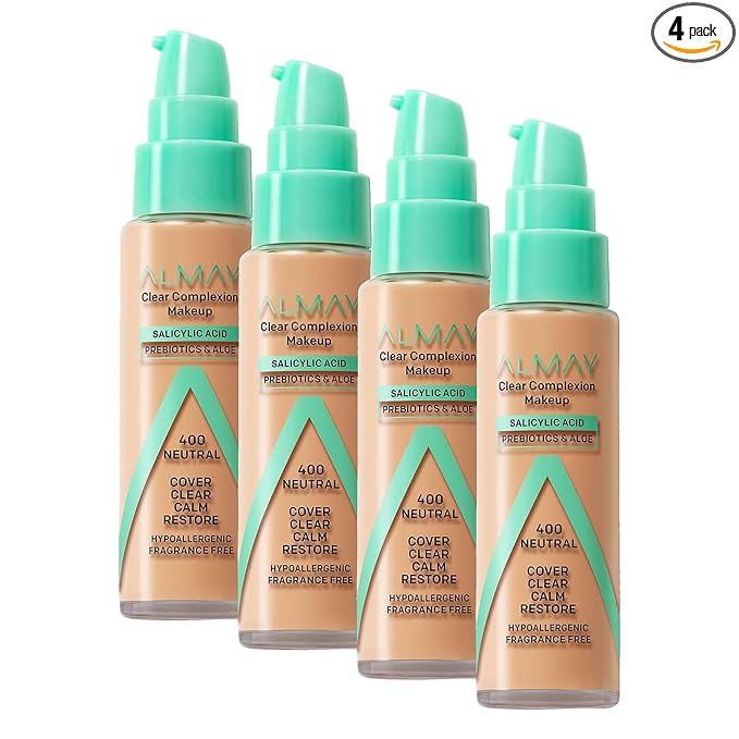 Almay Clear Complexion Acne Foundation Makeup with Salicylic Acid - Lightweight, Medium Coverage, Hypoallergenic, Fragrance-Free, for Sensitive Skin, 400 Neutral, 1 fl oz. (Pack of 4)