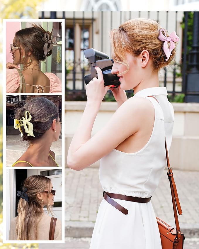 4 PCS Bow Hair Clips Bow Claw Clip for Women, Large Hair Claw Clips for Thin Thick Long Hair Cute Nonslip Bows (Black+Light Brown+Off-White+Light Pink)