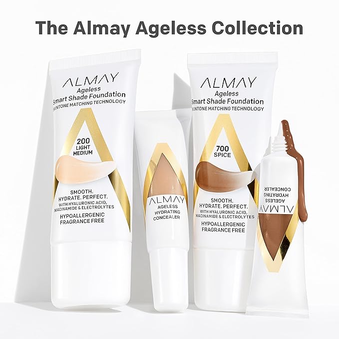 Almay Anti-Aging Foundation, Smart Shade Face Makeup with Hyaluronic Acid, Niacinamide, Vitamin C & E, Hypoallergenic-Fragrance Free, 200 Light Medium, 1 Fl Oz (Pack of 1)