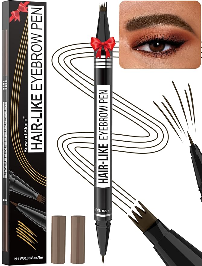 Microblading Eyebrow Pen - Eyebrow Pencil Magical 2-in-1 Dual-Ended Waterproof Eye Brow Pencils for Women with 4-Fork-Tip & Precise Brush-Tip for Natural Hair Like Strokes, Last All-Day, Black Brown