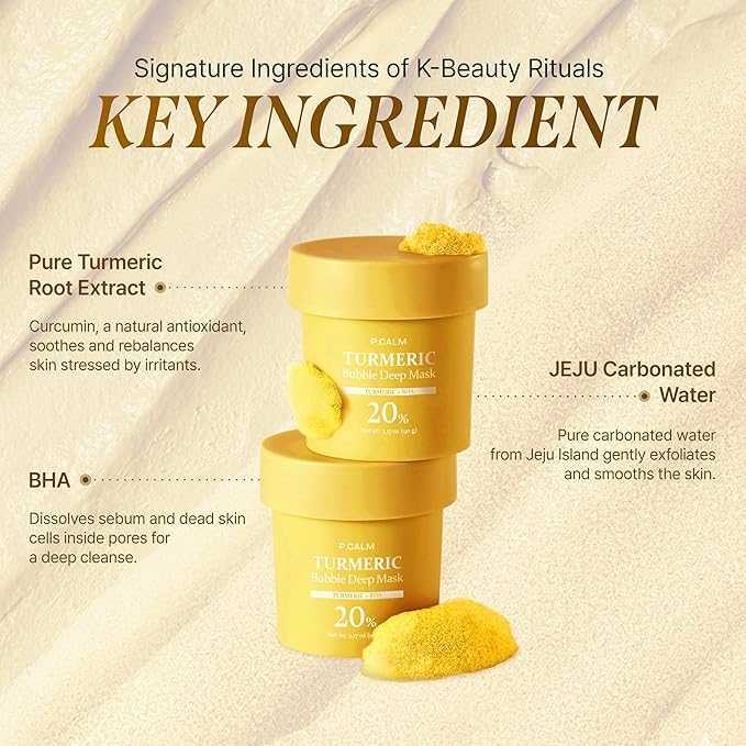 P.CALM Turmeric Bubble Deep Mask | Dark Spot Corrector with AHA/BHA, Carbonated Water Soothes Redness & Evens Skin Tone, Clay Wash-Off Pack | Korean Skincare, 90g / 3.17 oz