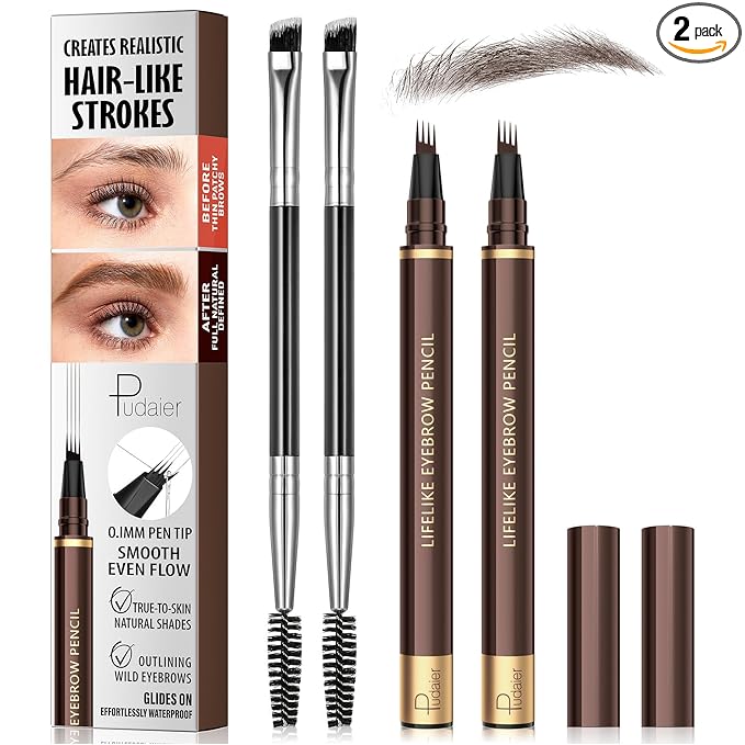 2 Pack 4-Tip Microblading Eyebrow Pen with 2 Brow Brushes, Waterproof Vegan Formula Eyebrow Pencils for Women to Effortlessly Create Natural Hair-Like Strokes, All-Day Wear (Brunette)