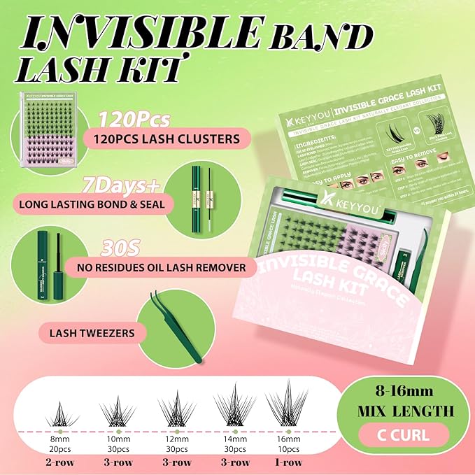 KEYYOU Sicily Lash Clusters Kit Fairy Lash Extension Kit C Curl 120Pcs Eyelash Extension Kit Wispy Natural Invisible Band Lash Kit with Waterproof DIY Lash Extension Kit at Home(Sicily-C-8-16MIX)
