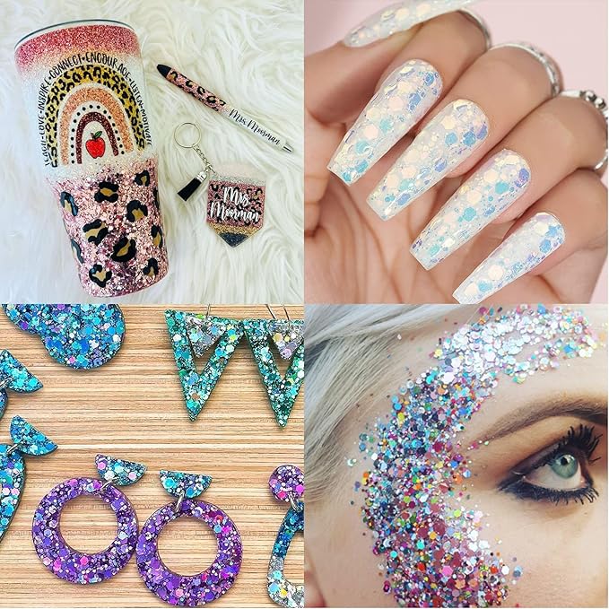 Holographic Chunky and Fine Glitter Mix, 20 Colors for Resin, Iridescent Nail, Cosmetic Eye Hair Face Body, Flakes Sequins for Epoxy Resin Tumbler DIY Arts Crafts