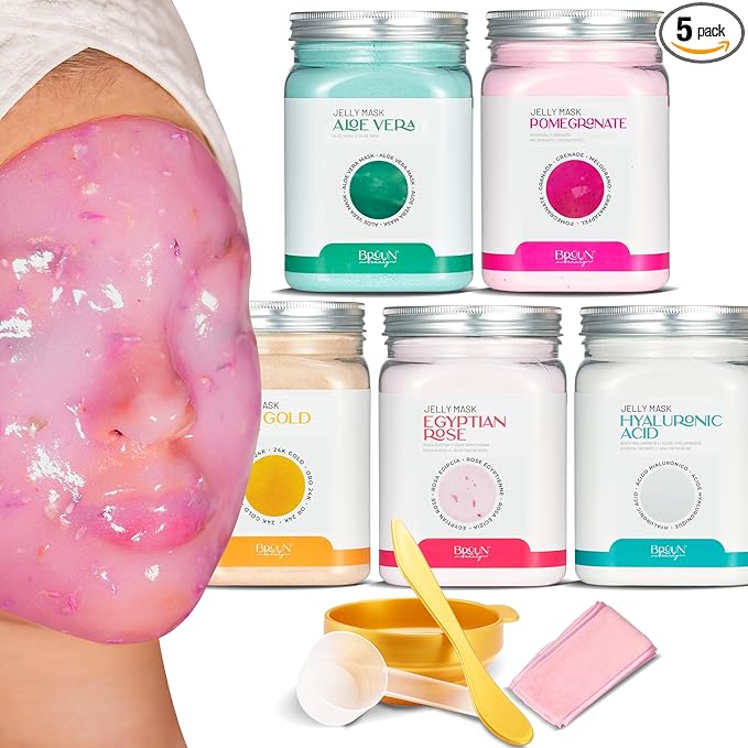 BRÜUN Peel-Off Jelly Mask for Face Care- A Bundle of 5 Different Treatment Jars (24k Gold, Egyptian Rose, Pomegranate, Aloe Vera and Hyaluronic)-Skin Care Moisturizing Gel Mask for Spa Set for Adults