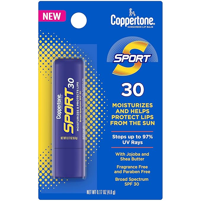 Coppertone Sport SPF 30 Lip Balm, Broad Spectrum SPF 30 Sun Protection With Jojoba and Shea Butter, Hydrates Lips, 0.17 Oz Stick