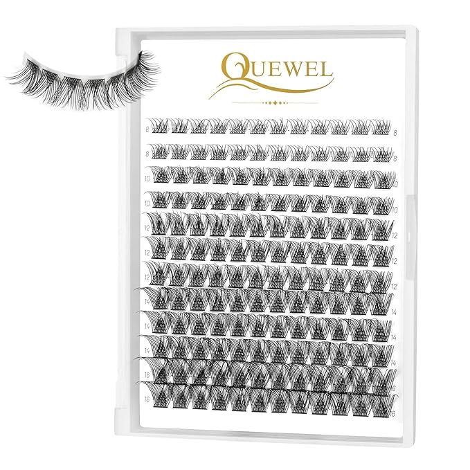 QUEWEL Lash Clusters 144 Pcs Wide Stem Individual Lashes C/D Curl 8-16mm Length DIY Lash Extension Soft False Eyelashes Wispy Cluster Lashes Easy to Create Natural Look At Home(Natural-C-MIX8-16mm)