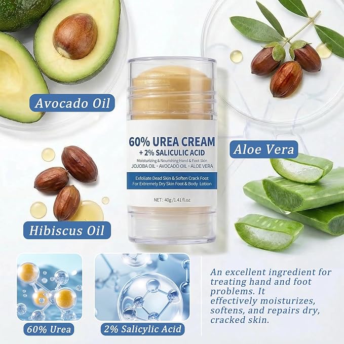 2Pack 60% Urea + 2% Salicylic Acid Foot Care Stick,Maximum Strength Urea Foot Cream,Deeply Moisturizes Cracked Heels,Dry Hands & Rough Knees,Exfoliates & Softens Skin Urea Foot Stick