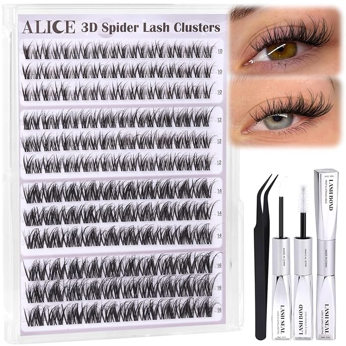 ALICE Spider Lash Clusters Kit Wispy Volume Cluster Eyelash Extension Kit 3D Natural Eyelash Clusters Kit 10mm-16mm Invisible Band Individual Lashes with White Bond and Seal