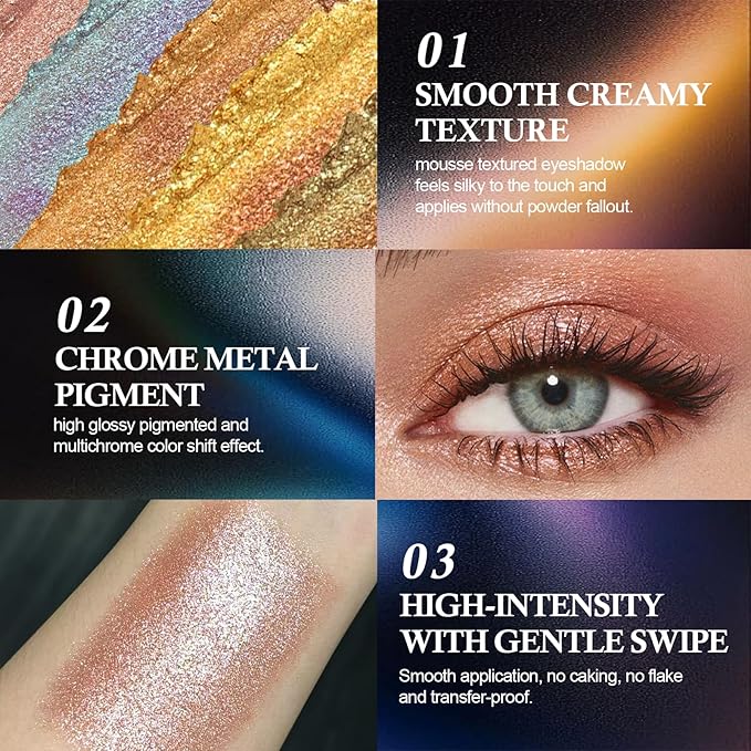 KYDA Chameleon Metallic Eyeshadow, Chrome Shimmer Eye Shadow Makeup, Smooth Pressed Powder Palette with Mirror, High Pigment Soft Eyeshadow, Lasting Glitter Eye Look, 12 Bronzer Gold