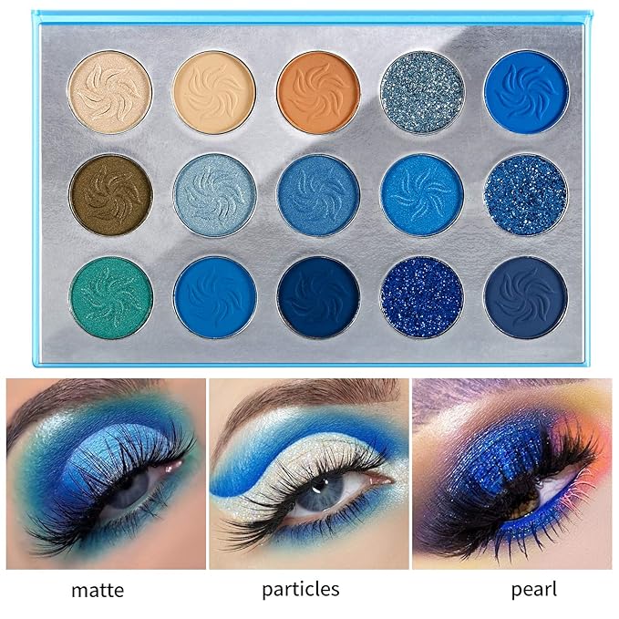DE'LANCI Space Blue Eyeshadow Palette 15 Color Cosmetics Pressed Pigment Christmas Snowflake Eye Shadow Pallete Matte Shimmer Glitter Drama Makeup Eye Shadow Powder Long Lasting Blue Makeup Pallet
