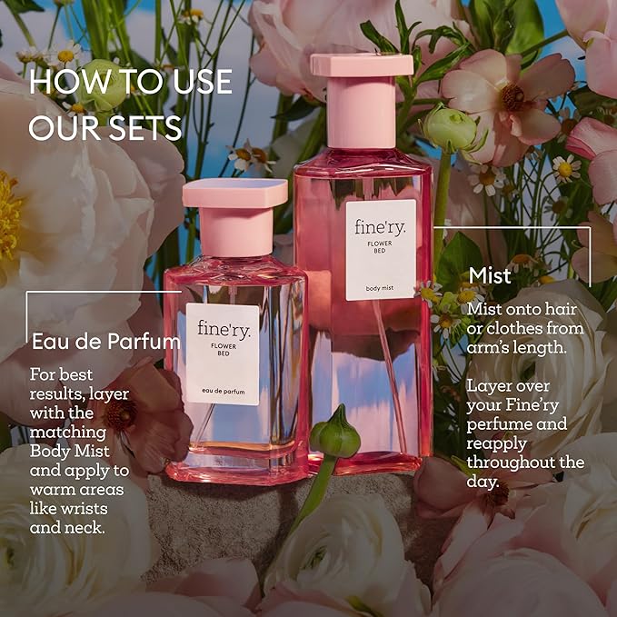 Fine'ry Flower Bed Eau De Parfum & Body Mist Gift Set | Floral & Sweet Notes Of Lush Peony & Green Apple | Fine Mist Spray & Perfume For Women | Fragrance Layering Duo (2oz + 5oz)