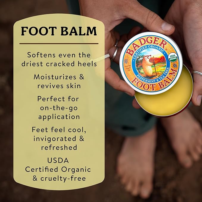 Badger Foot Balm, 100% Organic Foot Cream for Dry Cracked Heels and Feet, Fast Acting Foot Care for Women & Men, All-Natural Cracked Heel Treatment, 2 oz Tin, 2-Pack
