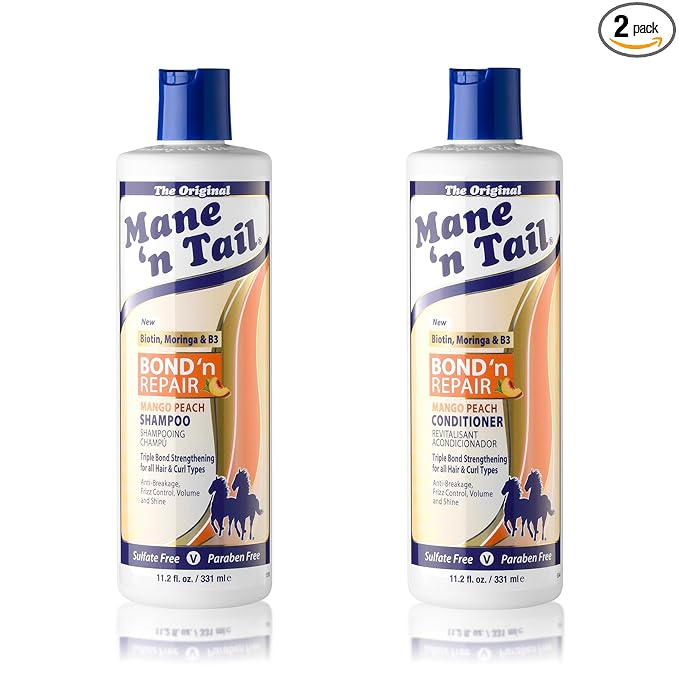 Mane ’n Tail Bond ’n Repair Shampoo & Conditioner Set, Sulfate-Free Strengthening Hair Care System, Anti-Breakage & Frizz Control, Triple Bond Repair with Moringa, Mango Peach 11.2 fl oz 2-Pack