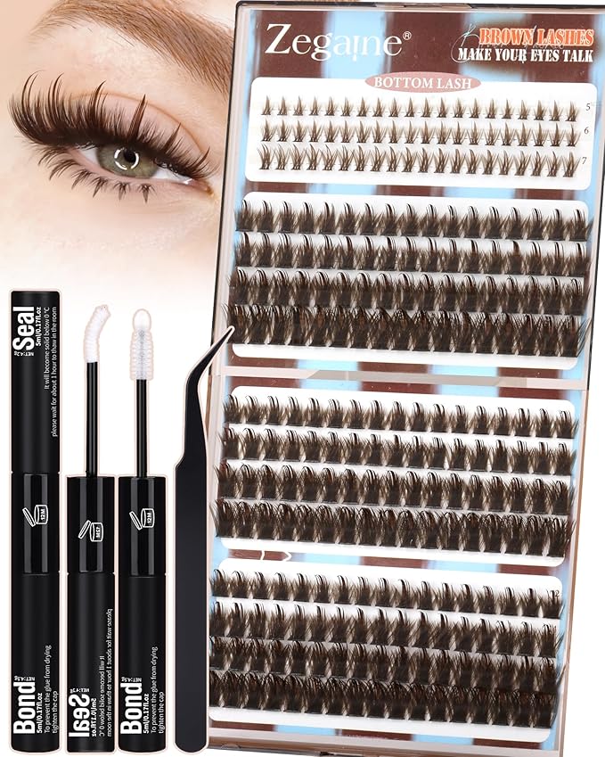 Zegaine Brown Lash Clusters Kit Dark Brown Lashes With Spikes Bottom Eyelash Clusters Manga Brown Cluster Lashes Kit With Lash Bond&Seal, Lash Tweezers Anime Cluster Eyelash Extensions 12-18MM 264Pcs