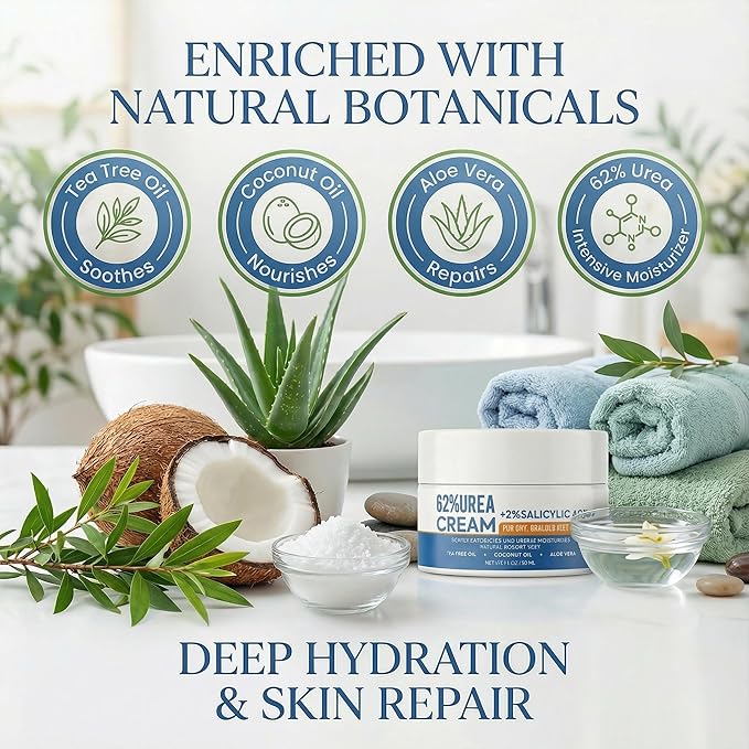 Grospe Urea Cream 62% with 2% Salicylic Acid Foot Cream for Dry Cracked Heels Feet Intensive Callus Remover Exfoliating Hand Cream for Rough Knees Elbows Dead Skin Remover Moisturizer Lotion, 2 Pack