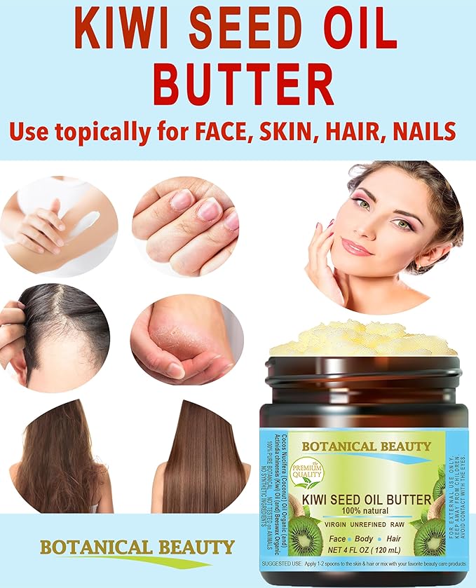 Botanical Beauty KIWI SEED OIL BUTTER RAW VIRGIN UNREFINED Cold Pressed for Face, Body, Hair, Nails, Skin, Hands, Rich in vitamin E, Vitamin C (16 Fl Oz)