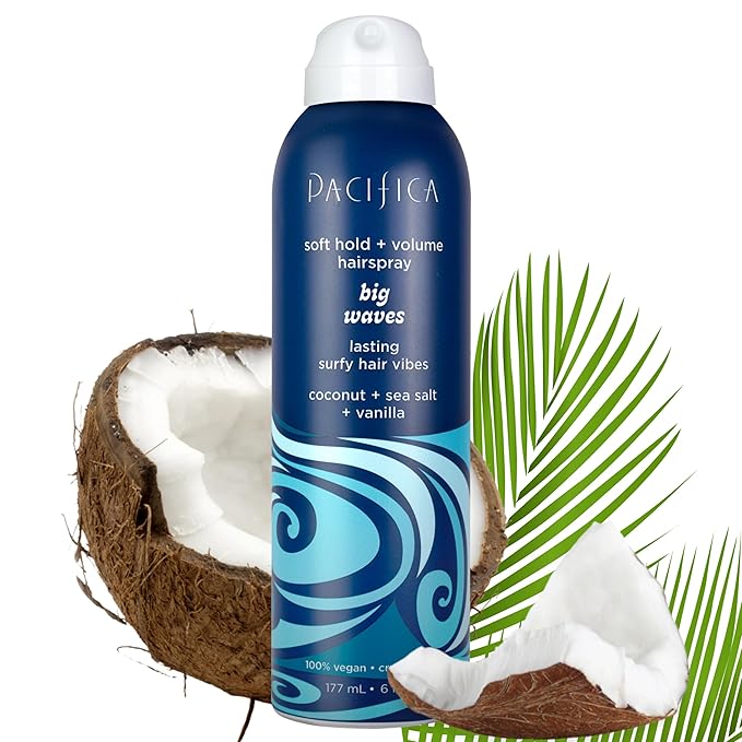 Pacifica Big Waves Coconut, Vanilla & Sea Salt Hairspray – Soft Hold Wavy Hair Texture Spray – Adds Volume & Controls Frizz, Travel Size Beach Hair Essential for Women – Vegan & Cruelty-Free – 6oz