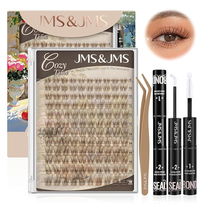 JMS&JMS Brown Venus Lash Clusters Kit, Velour Lash Clusters Wispy Natural Invisible Band Lash Extension Kit with Waterproof White Glue DIY at Home(Brown-Venus-C-8-18MIX)