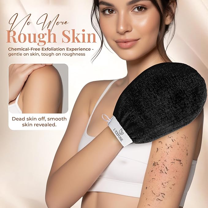 L'Exfose Kessa Hammam Deep Exfoliating Glove 4pc - Korean Exfoliating Mitt for Shower Ideal for Dead Skin Remover, Keratosis Pilaris & Self-Tanning to Improve Skin Tone Made with 100% Natural Viscose