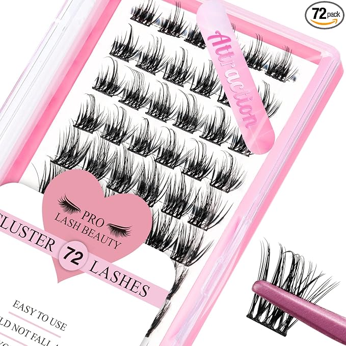 Cluster Lashes 72 Pcs Lash Clusters DIY Eyelash Extension Individual Lashes D-16mm Thin Band Easy to Apply at home Lashes (Attraction, D-16mm)
