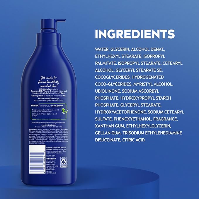 NIVEA Nourishing Hydration Skin Firming Body Lotion with Q10 and Vitamin C, 72-Hour Body Moisturizer for Dry to Very Dry Skin, 16.9 Fl Oz Pump Bottle