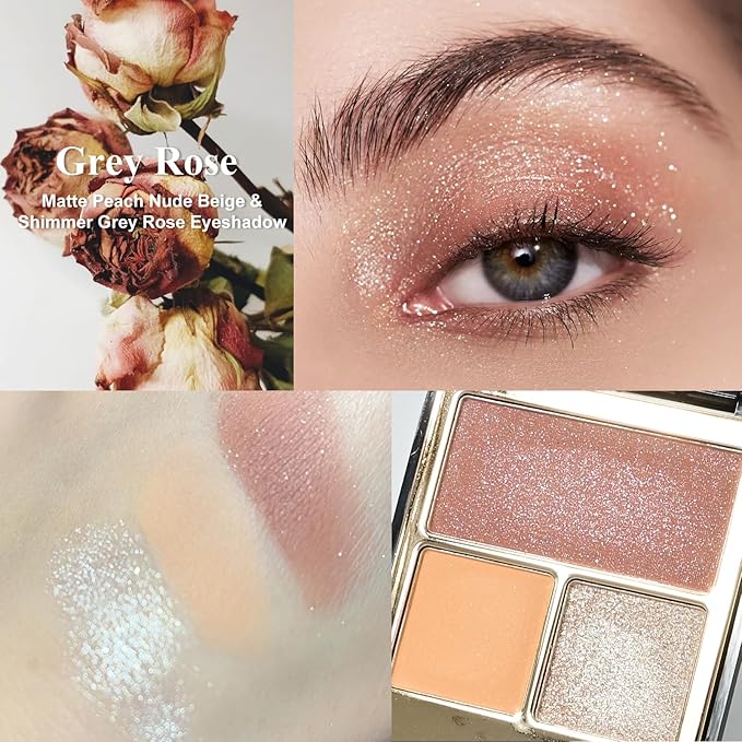 KYDA 3 Colors Eyeshadow Palette, Peach Nude Beige Matte Shimmer Grey Rose Eyeshadow, Pale Champagne Pearl Eyes Shadow, High Pigmented Lasting Ultra-fine Neutral Eye Shadow, Mini Eyes Glitter Makeup