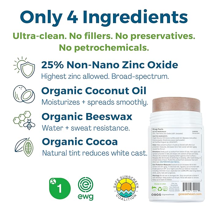 Waxhead Tinted Zinc Oxide Sunscreen Stick SPF 30, 3.7oz, 25% Non-Nano Zinc Oxide, 4 Food-Grade Ingredients, Sweat & Water Performance, Reef-Safe Mineral Face Stick for Kids & Sensitive Skin