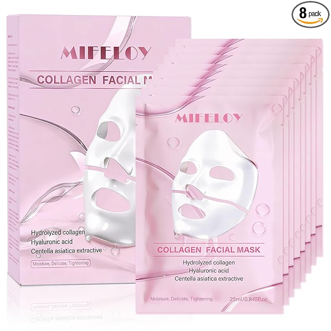 8 Pack Collagen Face Mask for Women, Deep Hydrating Hydrogel Sheet Mask, Skin Elasticity & Pore Minimizing Skincare, Moisturizing Jelly Gel Mask, Self Care Gift Set