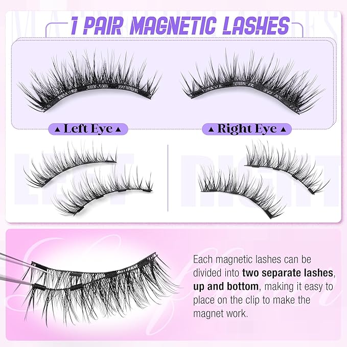 Lanflower Magnetic Eyelashes Natural Look, Reusable Magnetic Eyelashes with Applicator, No Need Glue Magnetic Lashes, Natural Wispy Cat Eye False Eyelashes with Magnets, Waterproof, Easy to Apply