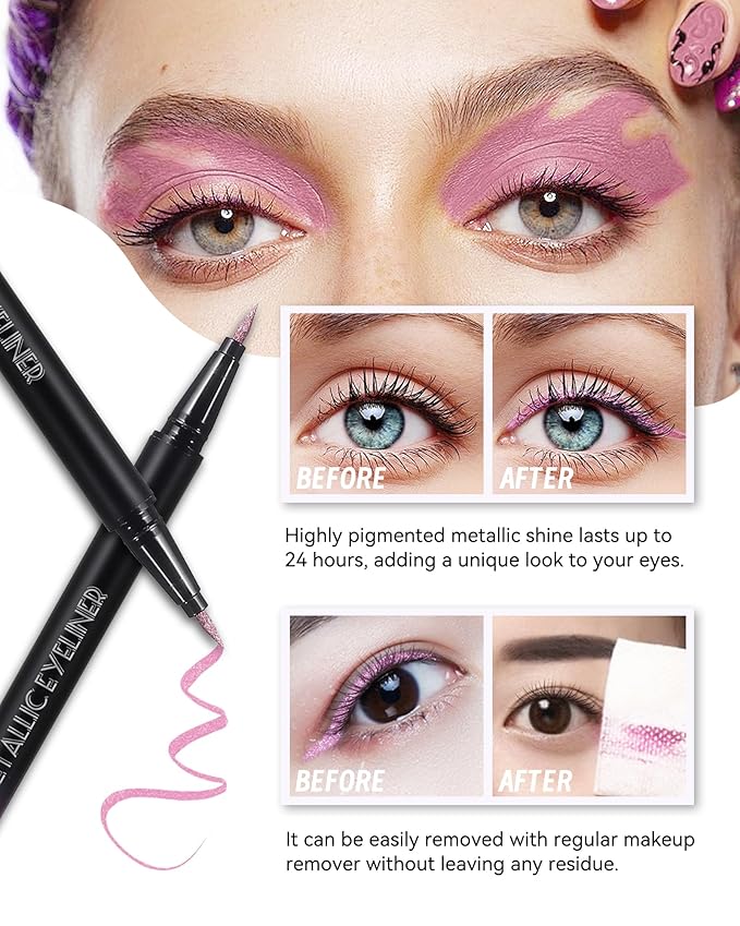 Metallic Shimmer Liquid Eyeliner, Black Glitter Eyeliner Waterproof Long-Stay 24H, Sparkling Finish Eye Liner Pen, Ultra-Fine Tip & Smooth Application, High Pigmented Smudge-Proof Makeup for Women-10