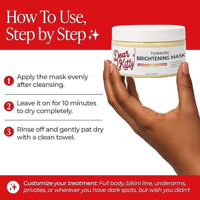 Turmeric Brightening Clay Mask Turmeric Mask for Dark Spots & intimate brightening, Post-Shave Soothing Treatment for Body, Underarm & Bikini Line Uneven Skin Tone Corrector 4 oz