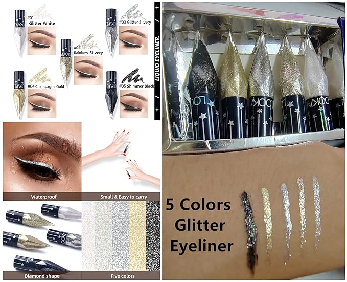 Go Ho Glitter Liquid Eyeliner Colorful Set,5 Colors Metallic Shimmer White Black Silver Gold Diamond Eyeliner,Glitter Eye Liner Sticks,Waterproof Long Lasting Sparkle Eye Makeup