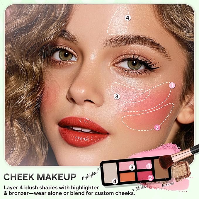 Color Nymph Beginner Makeup Kit For Teens With The Small Cosmetic Train Case Included 24-Colors Eyeshadow Palette Blushes Bronzer Highlighter Lipstick Brushes Mirror(Green)