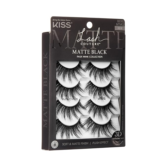 KISS Matte Black, False Eyelashes, 'Matte Cheviot', 18mm-20mm, Includes 4 Pairs Of Lashes, Easy to Apply, Reusable Lash Clusters
