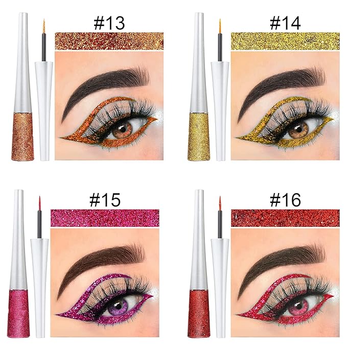 16PCS Liquid Glitter Eyeliner set, 16 Colors High Pigmented Brighten Eye Liner Kit, Long Lasting Waterproof Metallic Shimmer Eyeshadow