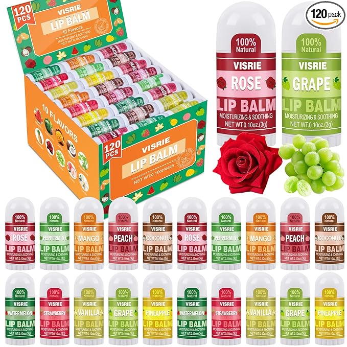VISRIE 120 Pack Mini Lip Balm Bulk, Natural Lip Balm with Vitamin E & Beeswax, Moisturizing Lip Care for Dry Lips, Perfect for Party Favors, Care Packages & Small Gifts