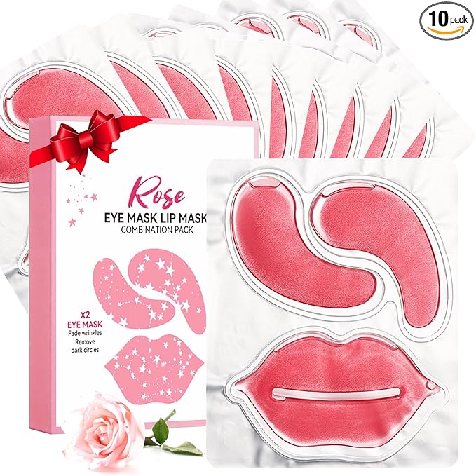 10 Pair Under Eye Mask & 10 Pair Lip Mask Skincare Set, Rose Pink Lip Patches & Under Eye Patches for Puffy Eyes, Dark Circles, Dry Lips Lines, Deep Hydrating Moisturizing, Gifts for Mom Women