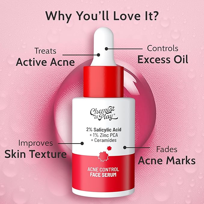 Chemist At Play 2% Salicylic Acid Face Serum | Treats Active Acne | Controls Excess Oil | Fades Acne Marks | Improves Skin Texture | 30ml