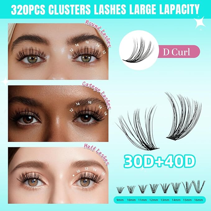 Lash Clusters 320Pcs 30 40D Eyelashes Cluster D Curl Individual Wispy Lashes Cluster for DIY Cluster Eyelash Extensions at Home for Beginners (Mix9-16mm)