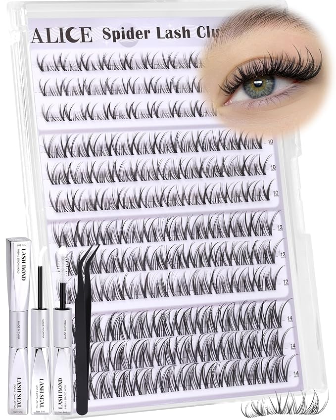 Spider Lash Clusters Kit Wispy Eyelash Clusters Kit Natural Cluster Eyelash Extension Kit CC-Curly 8mm-14mm Invisible Band Individual Lashes with White Bond and Seal DIY at Home