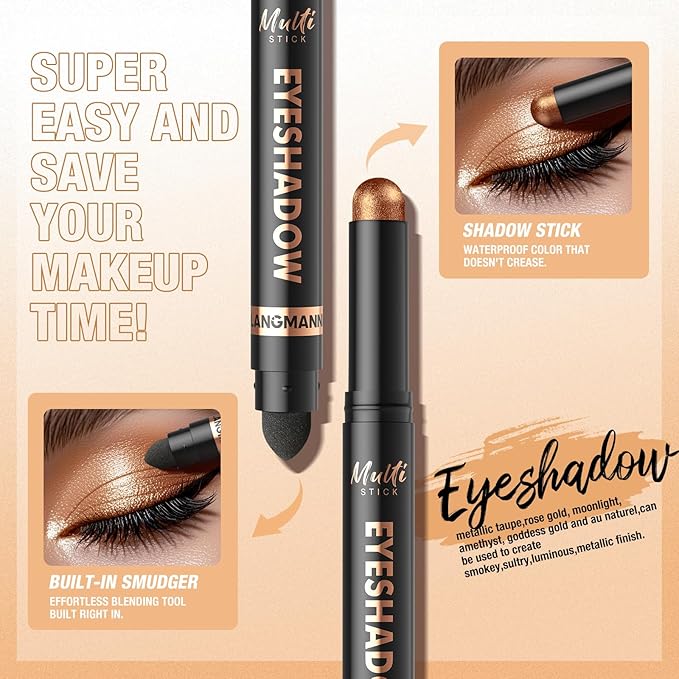 LANGMANNI 6Colors Dual-Ended Cream Eyeshadow Stick Set – Silky Smooth, Waterproof & Transfer-Proof, Built-in Blender Brush, All-Day Matte & Shimmer Wear Eye Makeup(#1+3+7+8+9+10)