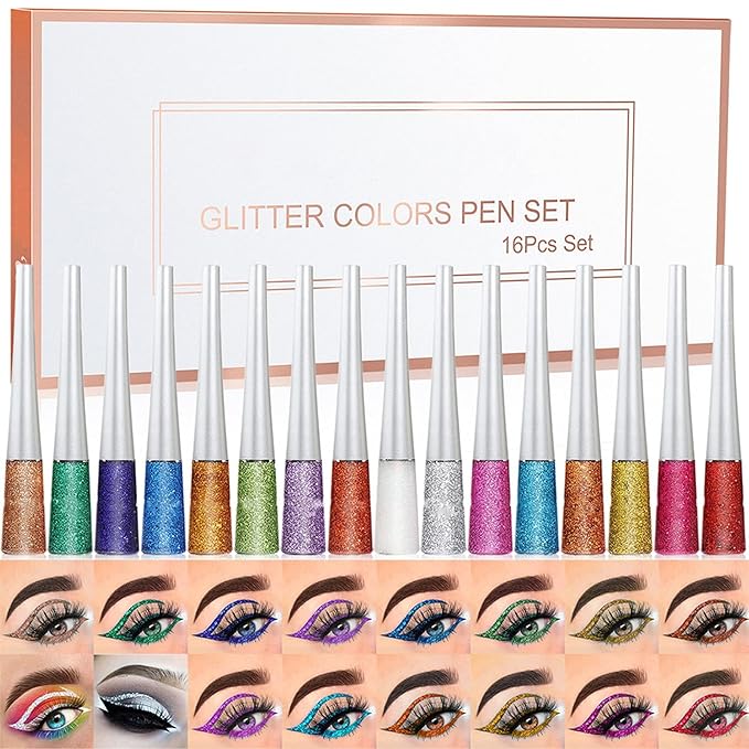 16PCS Liquid Glitter Eyeliner set, 16 Colors High Pigmented Brighten Eye Liner Kit, Long Lasting Waterproof Metallic Shimmer Eyeshadow