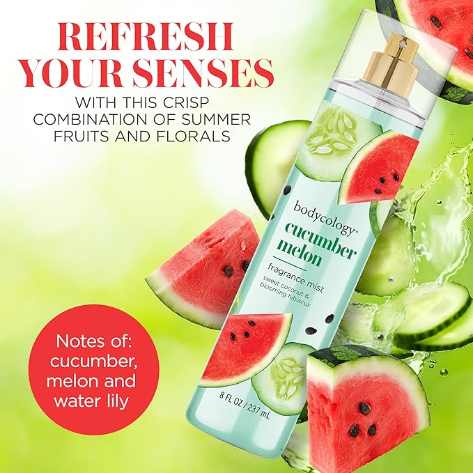 Bodycology Long-Lasting Fragrance Body Mist, Cucumber Melon, 8 fl oz (Pack of 2)