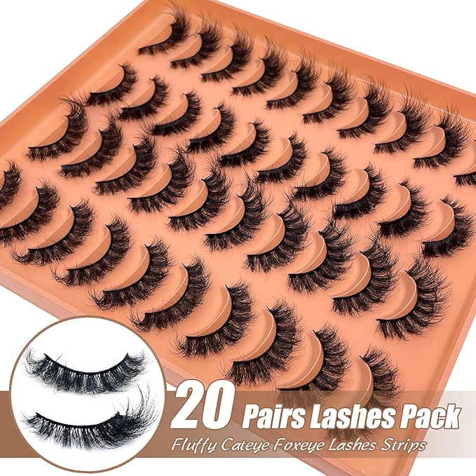 Fluffy Lashes Wispy Mink False Eyelashes Cat Eye Look Faux Mink Full Lashes Strips Dramatic 18mm D Curl Fox Eyelashes Multipack Pack 2 Styles Mixed YH307