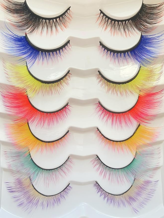 Sunniess Ombre Colored Lashes Cateye Eyelashes Fluffy Wispy Fake Lashes for Halloweens Cosplay Party Stage Make up Faux Mink False Eyelashes 7 Pairs (7ce-00)