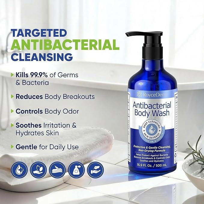 Roycederm Antibacterial Body Wash & Soap – Kills 99.9% of Germs & Bacteria – For Body Acne, Folliculitis & Odor Control – Gentle Daily Use for Men & Women (16.9 Fl Oz (Pack of 2))